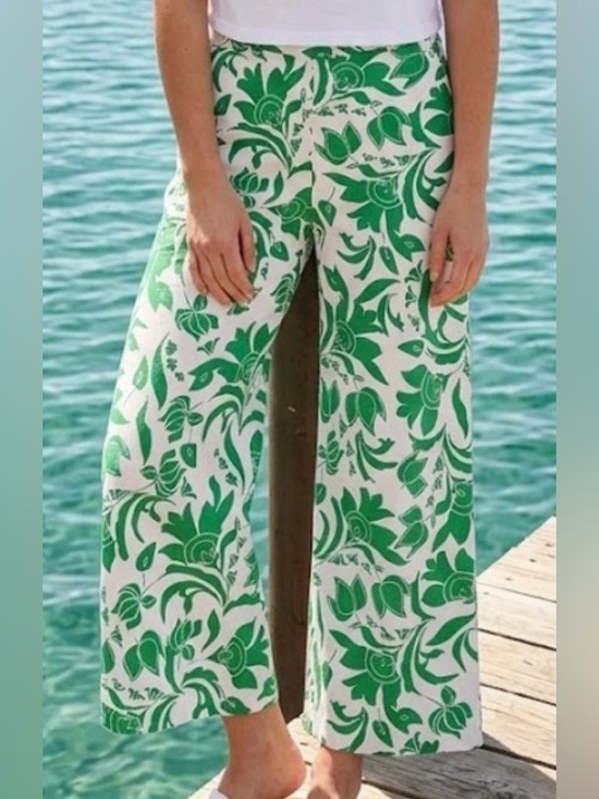 Christian Siriano Pants - wide legs cropped linen blend pants.green paisley on white L